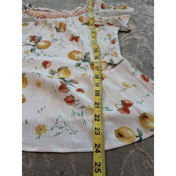 Maurices Top Womens Sz M Citrus Print Crinkle Short Sleeve Smock Elastic Ruffle - Picture 12 of 12